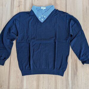 New Flying Point V Neck Layered Sweater Shirt Navy Blue Gingham 3XL